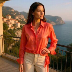 Ramy Brook Button Down Long Sleeve Satan Blouse Top Orange Size XS NWT